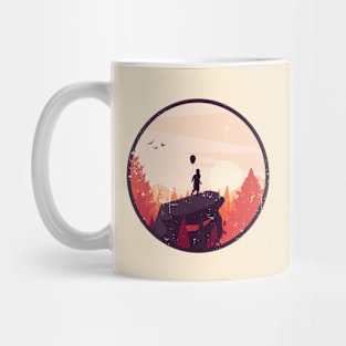 Boy on rock - hiking with balloon Mug